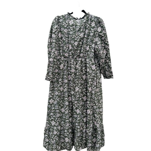 The Nines By Hatch Olive Green Floral Midi Dress Size  2X Bohemian V Neckline - Picture 1 of 5
